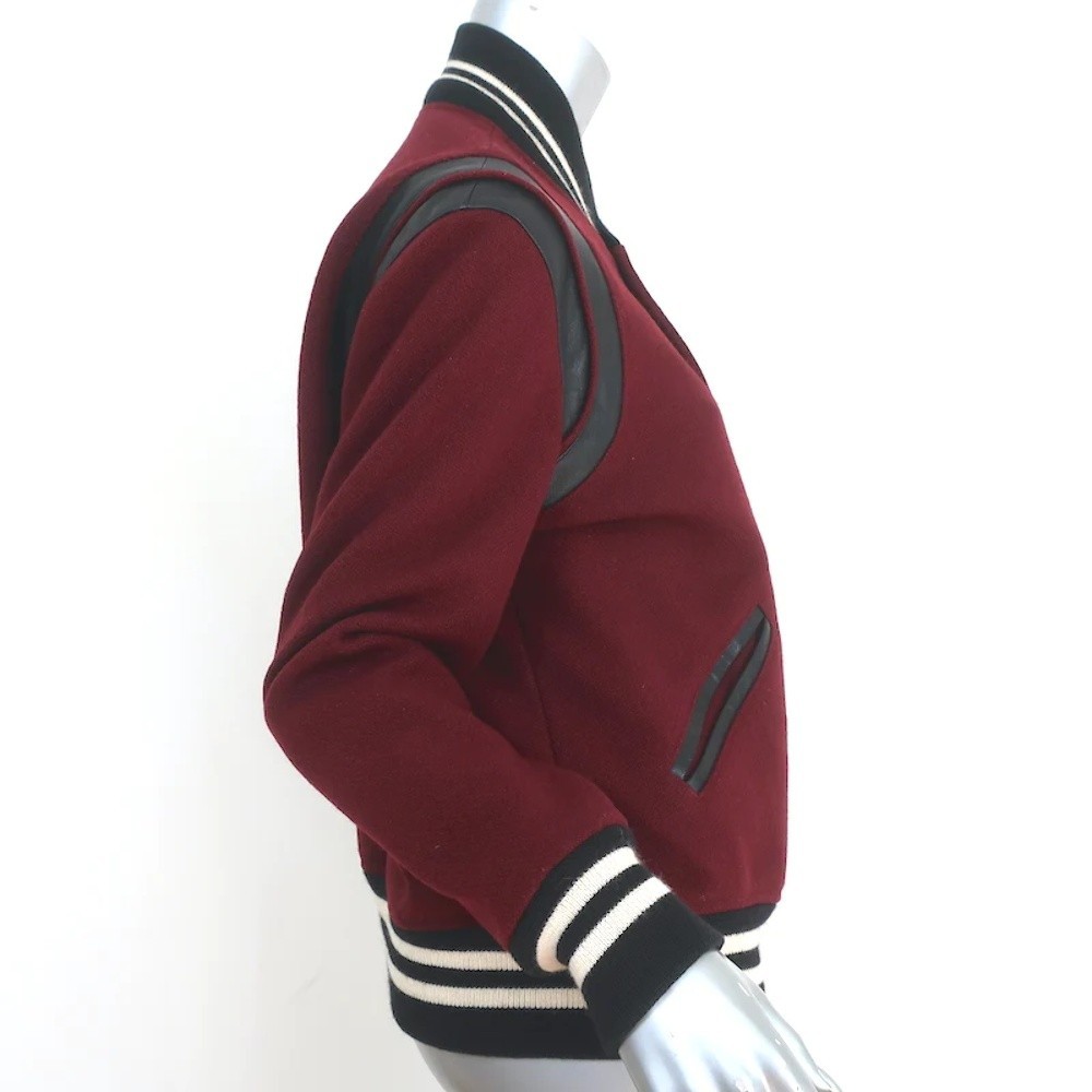 Saint Laurent Teddy Bomber Jacket Leather-Trim Burgundy Wool Size 46 - Picture 3 of 8
